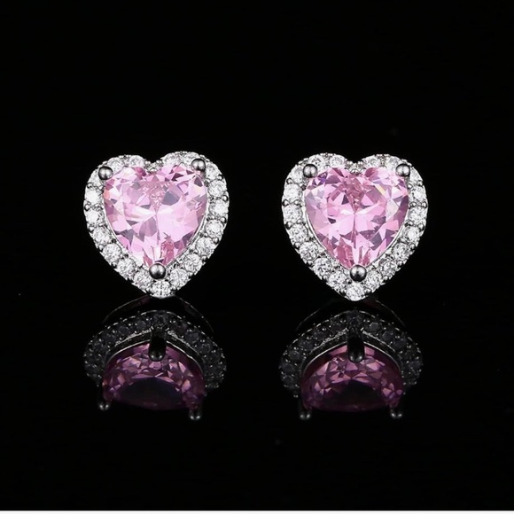 Pink heart CZ sterling silver earrings - Picture 4 of 4